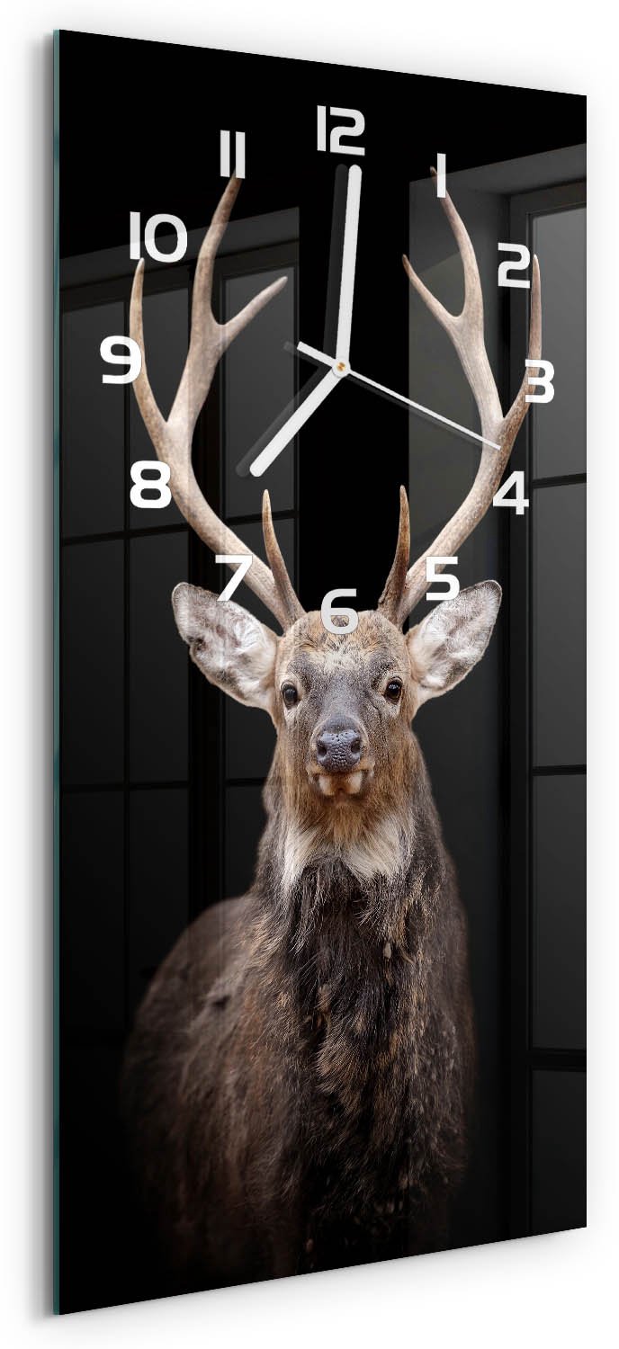 Tulup Wandklok - Hert Klok Glas Met Opdruk - 30x60 cm - Zwart Moderne Wandklok Glas - Witte handen - Rechthoekige Klok - Decoratieve Glazen Klok - Glazen Wandklok Design