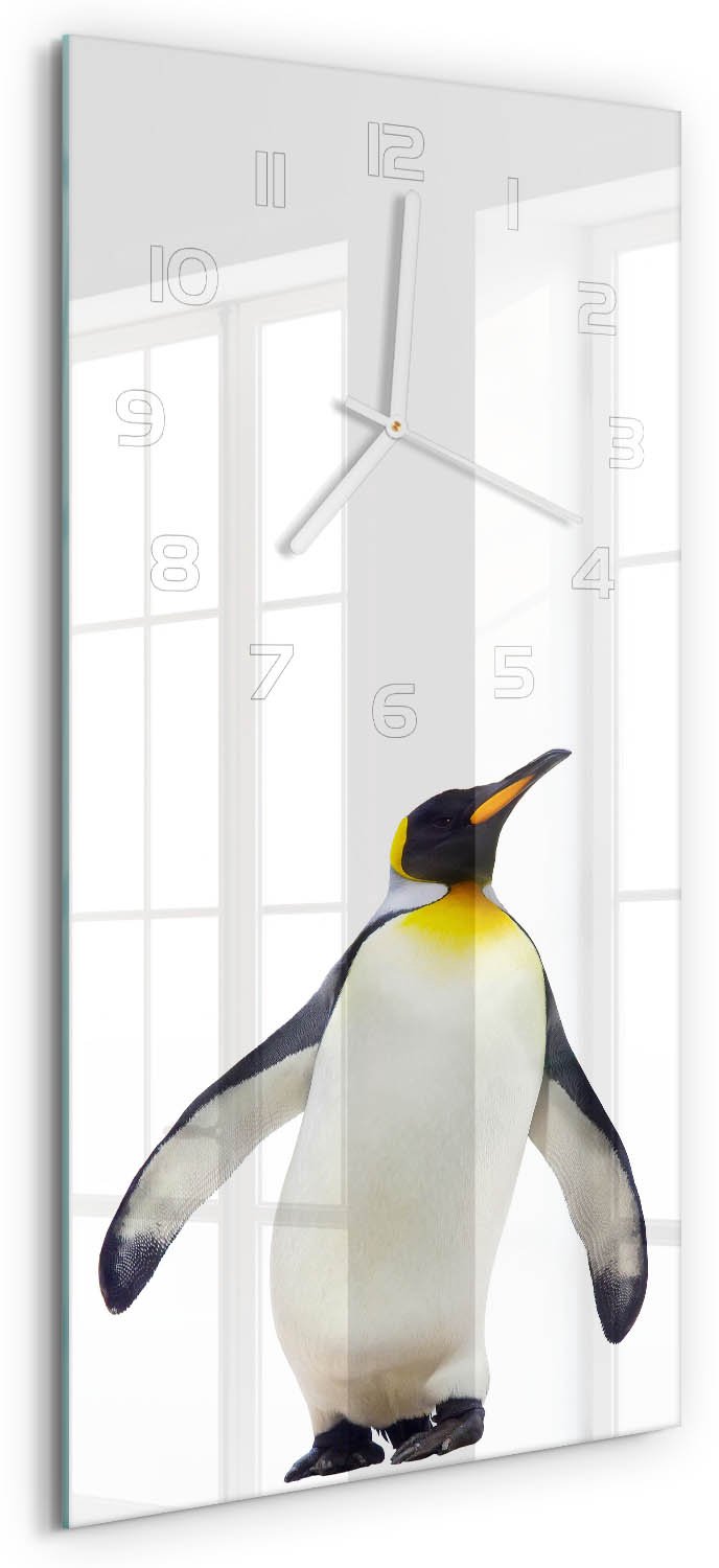 Tulup Wandklok - Pinguïn Klok Glas Met Opdruk - 30x60 cm - Wit Moderne Wandklok Glas - Witte handen - Rechthoekige Klok - Decoratieve Glazen Klok - Glazen Wandklok Design