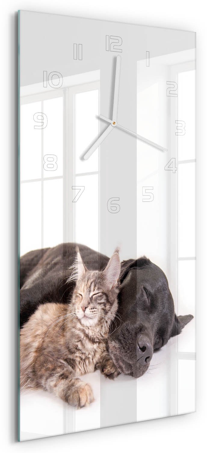 Tulup Wandklok - Hond en kat Wandklok Glas Decoratie - 30x60 cm - Bruin Gekleurde Glazen Klok - Witte handen - Rechthoekige Klok - Klok Glas Met Opdruk - Moderne Wandklok Glas