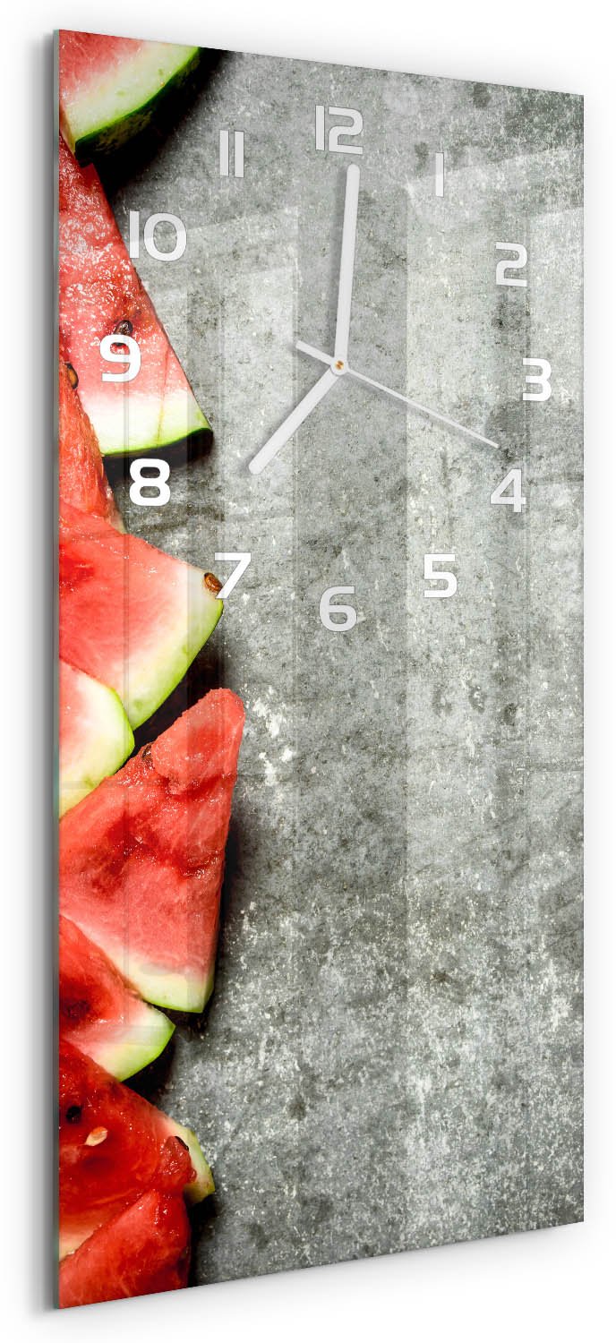 Tulup Wandklok - Gesneden watermeloen Moderne Wandklok Glas - 30x60 cm - Rood Wandklok Glas Decoratie - Witte handen - Rechthoekige Klok - Glazen Wandklok Design - Klok Glas Met Opdruk