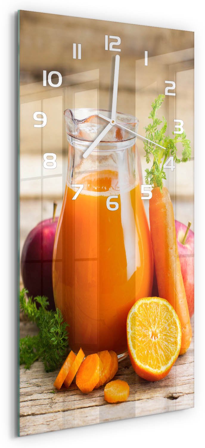 Tulup Wandklok - Vruchtensap Wandklok Glas Met Motief - 30x60 cm - Oranje Decoratieve Glazen Klok - Witte handen - Rechthoekige Klok - Gekleurde Glazen Klok - Glazen Klok Met Print