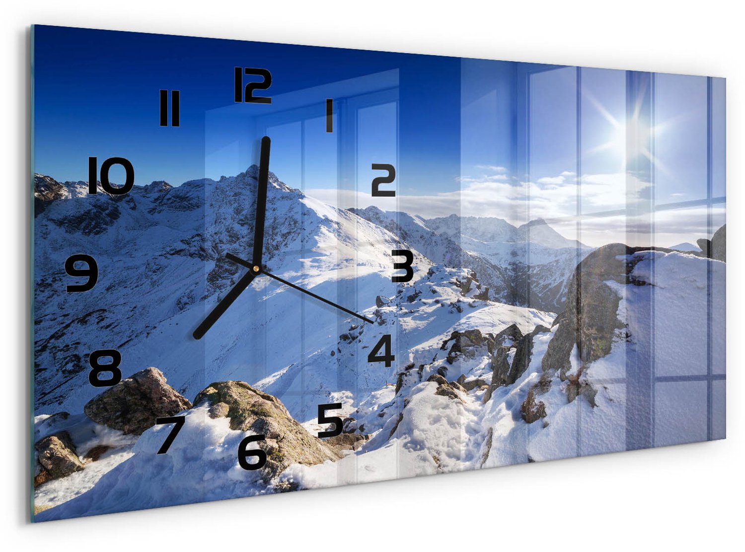 TULUP Wandklok - De top van het Tatragebergte Wandklok Glas Met Motief - 60x30 cm - Blauw Decoratieve Glazen Klok - Zwarte handen - Rechthoekige Klok - Gekleurde Glazen Klok - Glazen Klok Met Print