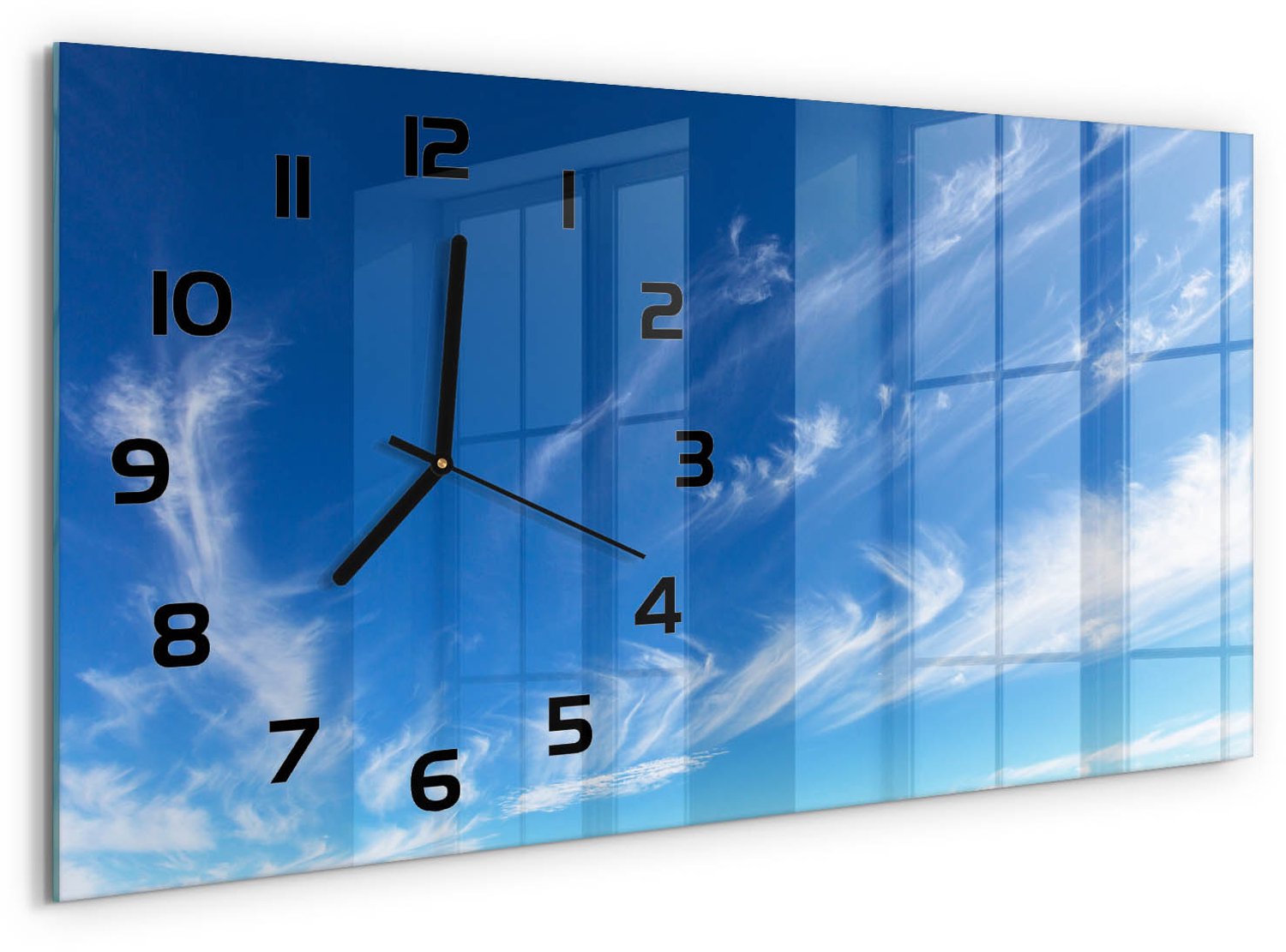 TULUP Wandklok - Blauwe lucht Glazen Wandklok Design - 60x30 cm - Blauw Klok Glas Met Opdruk - Zwarte handen - Rechthoekige Klok - Wandklok Glas Met Motief - Decoratieve Glazen Klok
