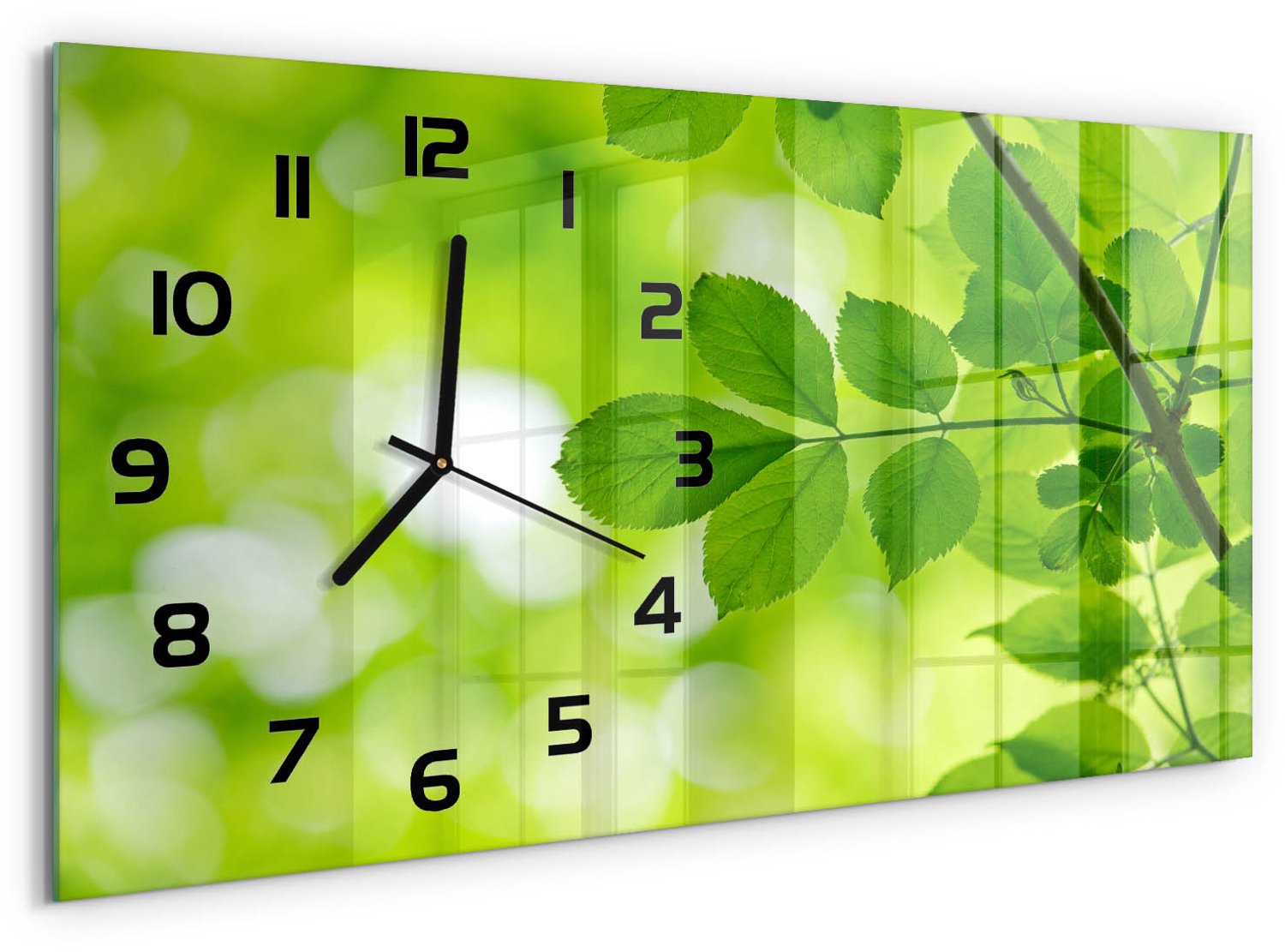 TULUP Wandklok - Groene bladeren Glazen Wandklok Design - 60x30 cm - Groente Klok Glas Met Opdruk - Zwarte handen - Rechthoekige Klok - Wandklok Glas Met Motief - Decoratieve Glazen Klok