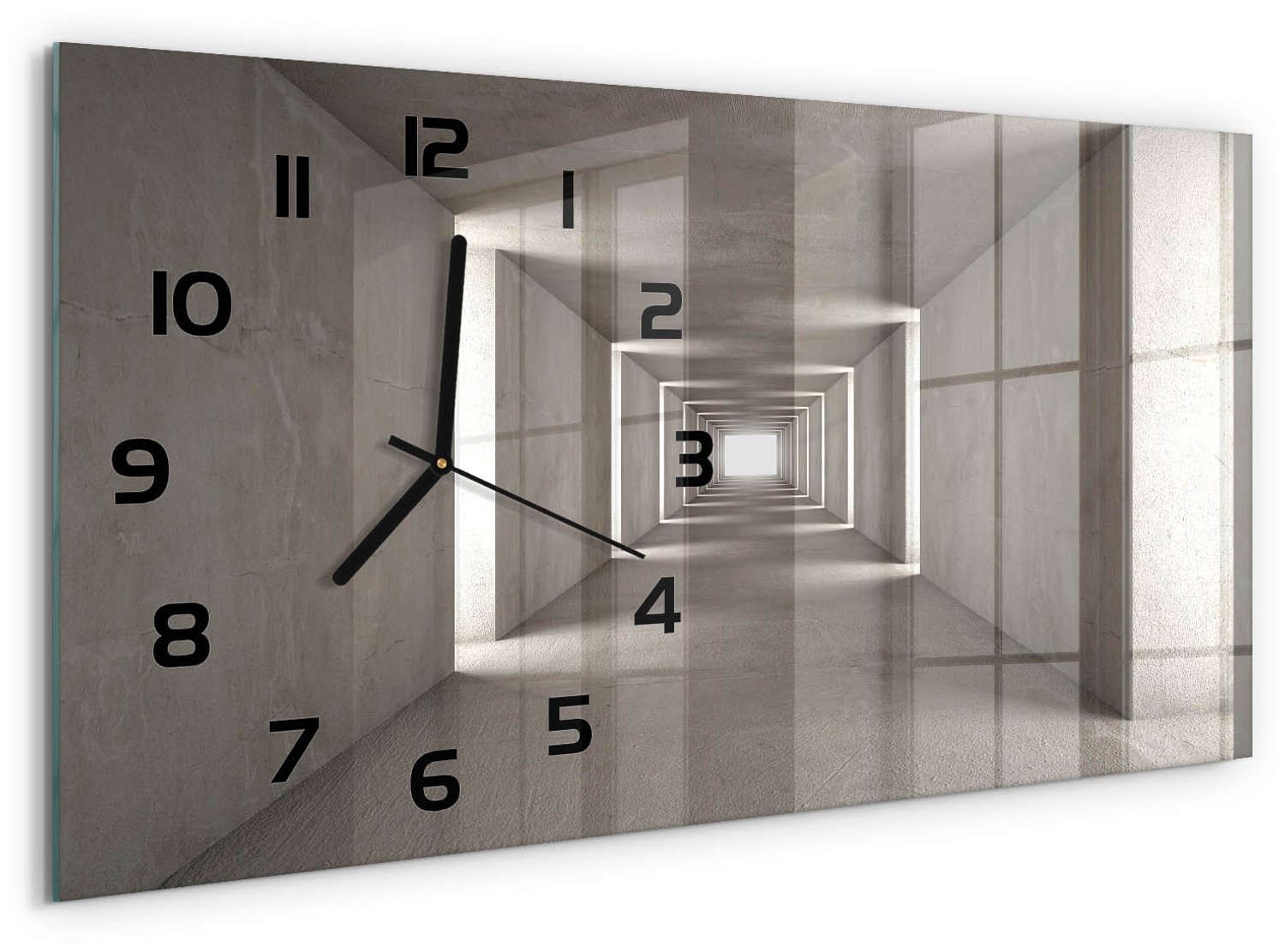 TULUP Wandklok - Betonnen tunnel Klok Glas Met Opdruk - 60x30 cm - Grijs Moderne Wandklok Glas - Zwarte handen - Rechthoekige Klok - Decoratieve Glazen Klok - Glazen Wandklok Design
