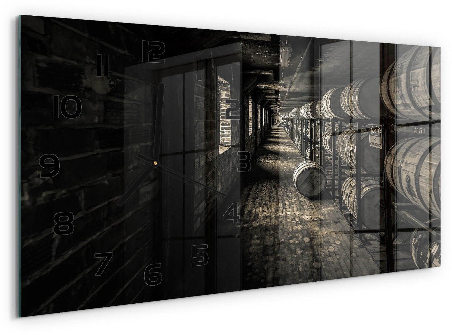 TULUP Wandklok - Bourbonvaten Glazen Klok Met Print - 60x30 cm - Zwart-wit Wandklok Glas Met Motief - Zwarte handen - Rechthoekige Klok - Wandklok Glas Decoratie - Gekleurde Glazen Klok