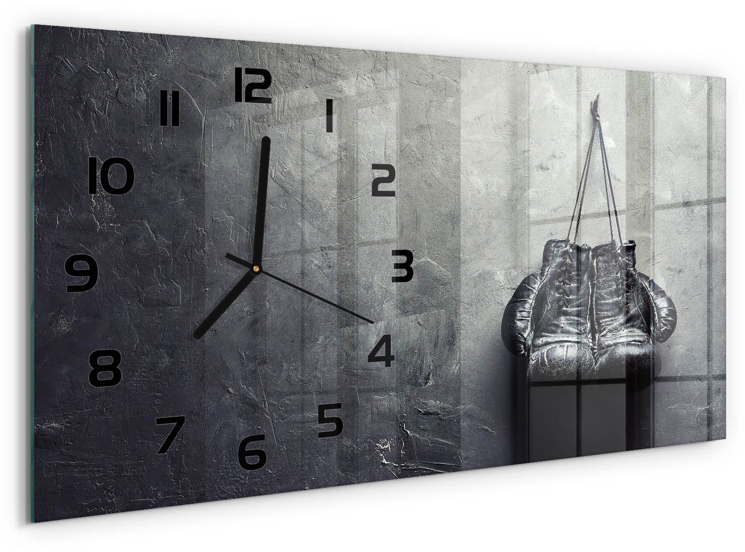 TULUP Wandklok - Bokshandschoenen Wandklok Glas Met Motief - 60x30 cm - Zwart-wit Decoratieve Glazen Klok - Zwarte handen - Rechthoekige Klok - Gekleurde Glazen Klok - Glazen Klok Met Print