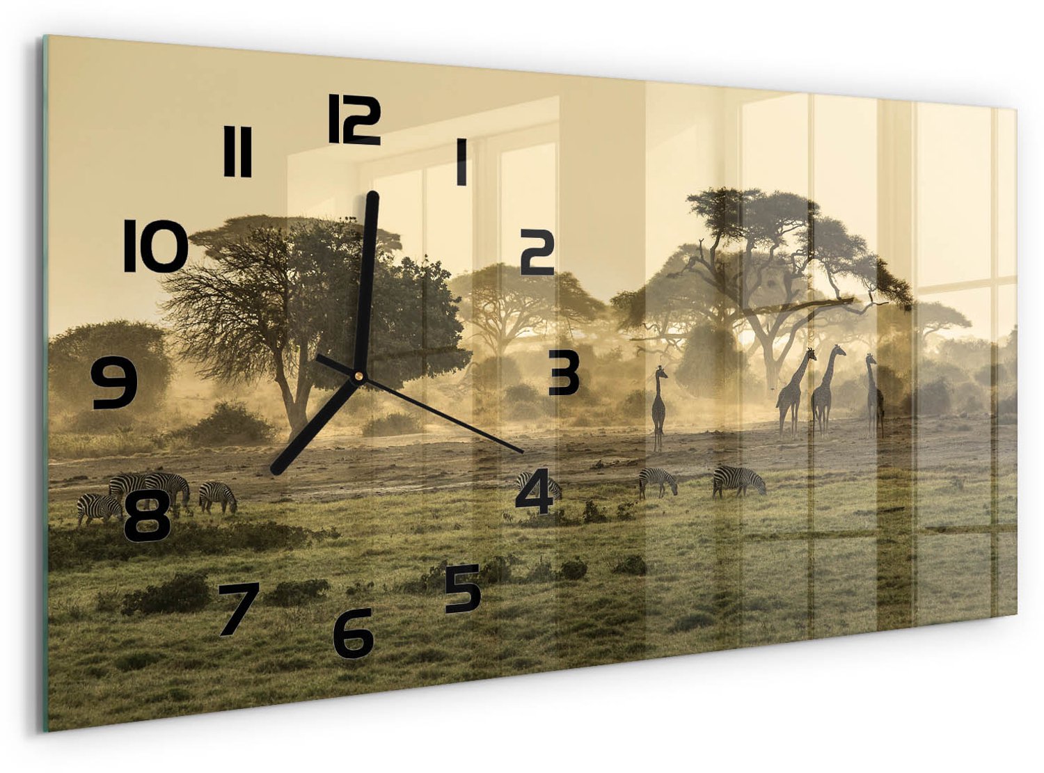 TULUP Wandklok - Giraffen in de savanne Wandklok Glas Decoratie - 60x30 cm - Beige Gekleurde Glazen Klok - Zwarte handen - Rechthoekige Klok - Klok Glas Met Opdruk - Moderne Wandklok Glas