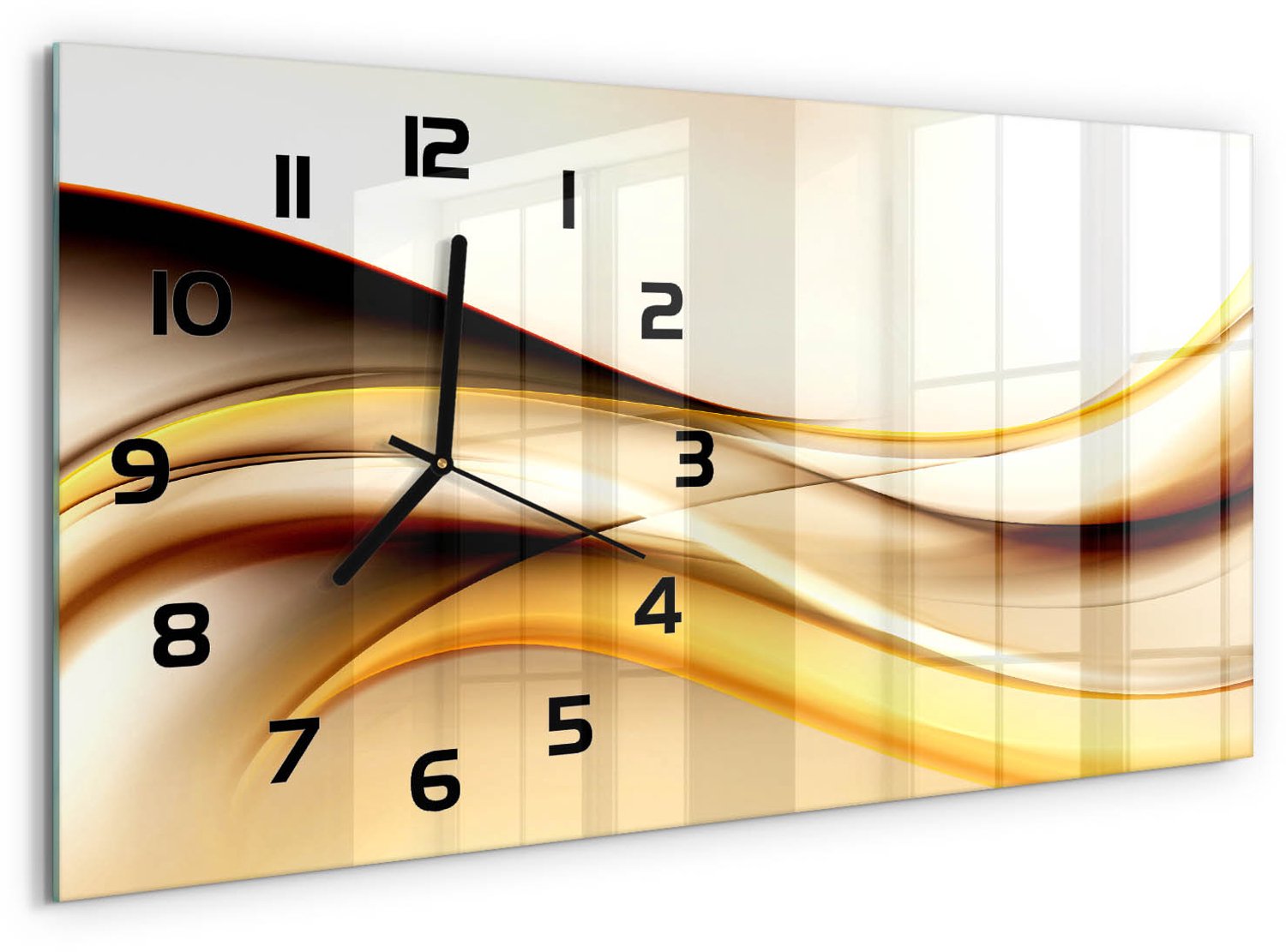 TULUP Wandklok - Abstracte golven Glazen Klok Met Print - 60x30 cm - Geel Wandklok Glas Met Motief - Zwarte handen - Rechthoekige Klok - Wandklok Glas Decoratie - Gekleurde Glazen Klok