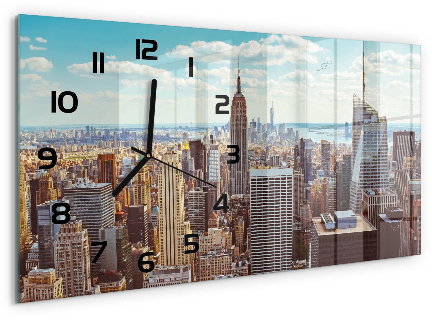 TULUP Wandklok - Vogelsvlucht in New York Wandklok Glas Decoratie - 60x30 cm - Blauw Gekleurde Glazen Klok - Zwarte handen - Rechthoekige Klok - Klok Glas Met Opdruk - Moderne Wandklok Glas