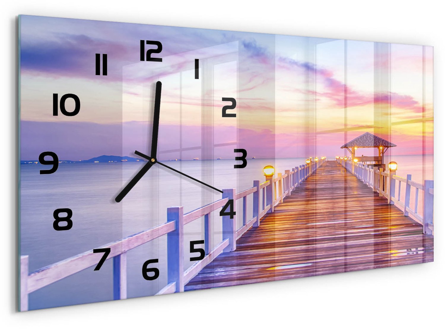 TULUP Wandklok - Houten brug Gekleurde Glazen Klok - 60x30 cm - Oranje Glazen Klok Met Print - Zwarte handen - Rechthoekige Klok - Moderne Wandklok Glas - Wandklok Glas Decoratie
