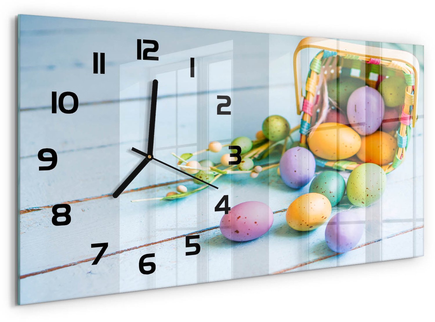 TULUP Wandklok - Paaseieren Gekleurde Glazen Klok - 60x30 cm - Veelkleurig Glazen Klok Met Print - Zwarte handen - Rechthoekige Klok - Moderne Wandklok Glas - Wandklok Glas Decoratie