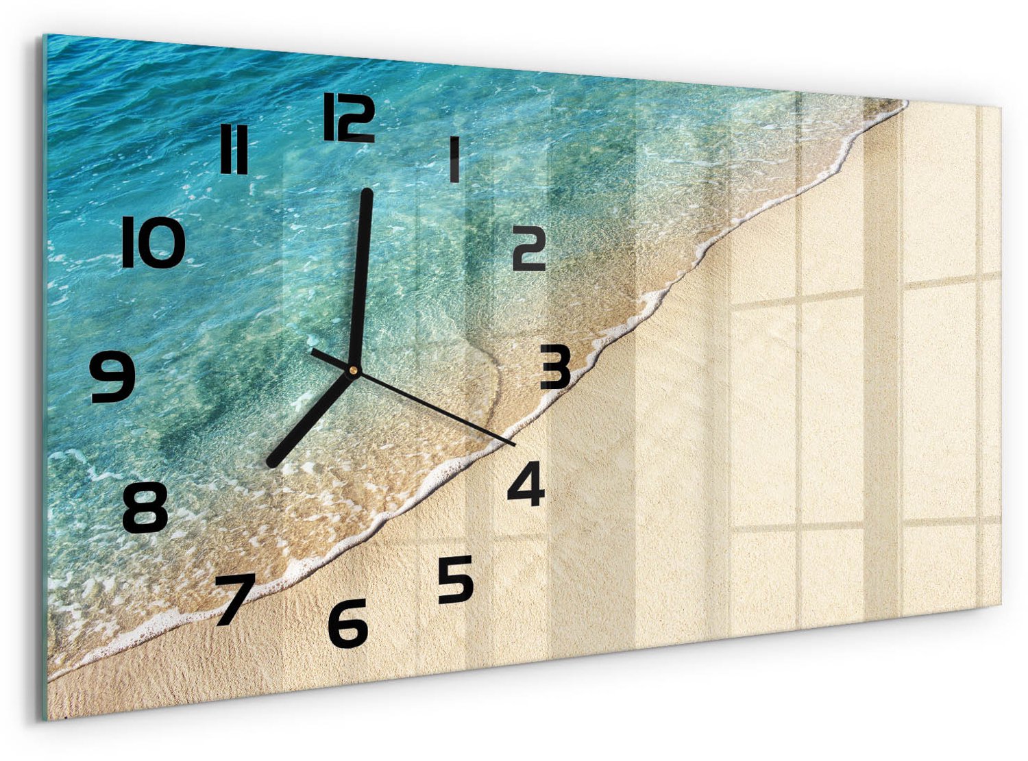 TULUP Wandklok - Golf op het strand Gekleurde Glazen Klok - 60x30 cm - Blauw Glazen Klok Met Print - Zwarte handen - Rechthoekige Klok - Moderne Wandklok Glas - Wandklok Glas Decoratie
