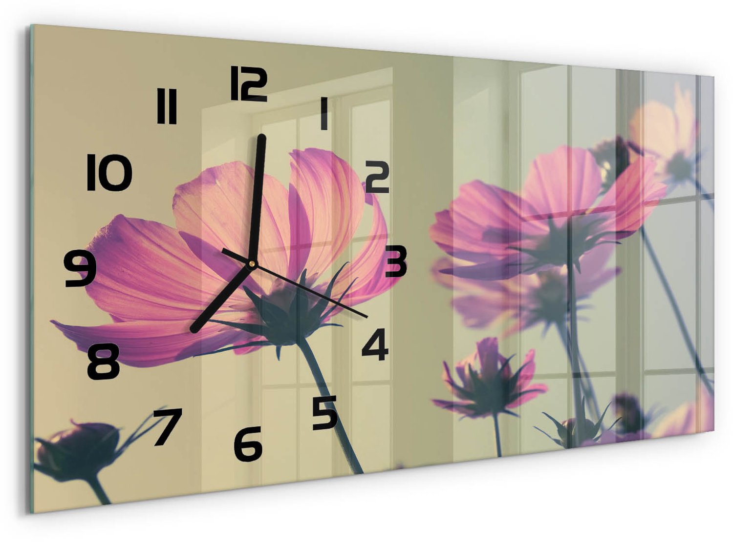 TULUP Wandklok - Roze bloemen Gekleurde Glazen Klok - 60x30 cm - Roze Glazen Klok Met Print - Zwarte handen - Rechthoekige Klok - Moderne Wandklok Glas - Wandklok Glas Decoratie