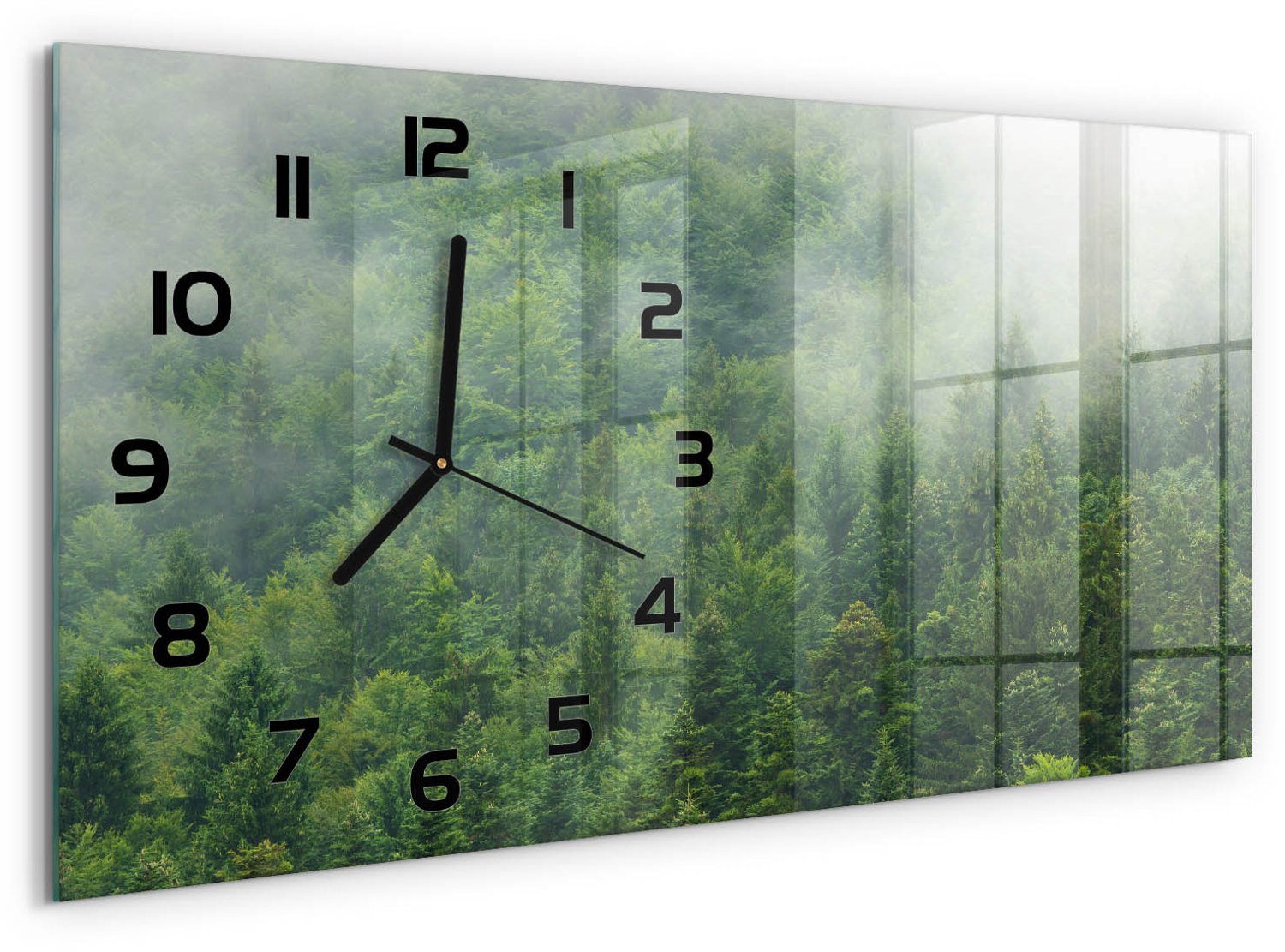 TULUP Wandklok - Mysterieus bos Glazen Wandklok Design - 60x30 cm - Groente Klok Glas Met Opdruk - Zwarte handen - Rechthoekige Klok - Wandklok Glas Met Motief - Decoratieve Glazen Klok