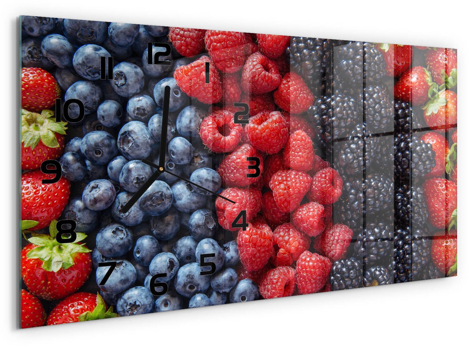 TULUP Wandklok - Bosvruchten Decoratieve Glazen Klok - 60x30 cm - Veelkleurig Glazen Wandklok Design - Zwarte handen - Rechthoekige Klok - Glazen Klok Met Print - Wandklok Glas Met Motief