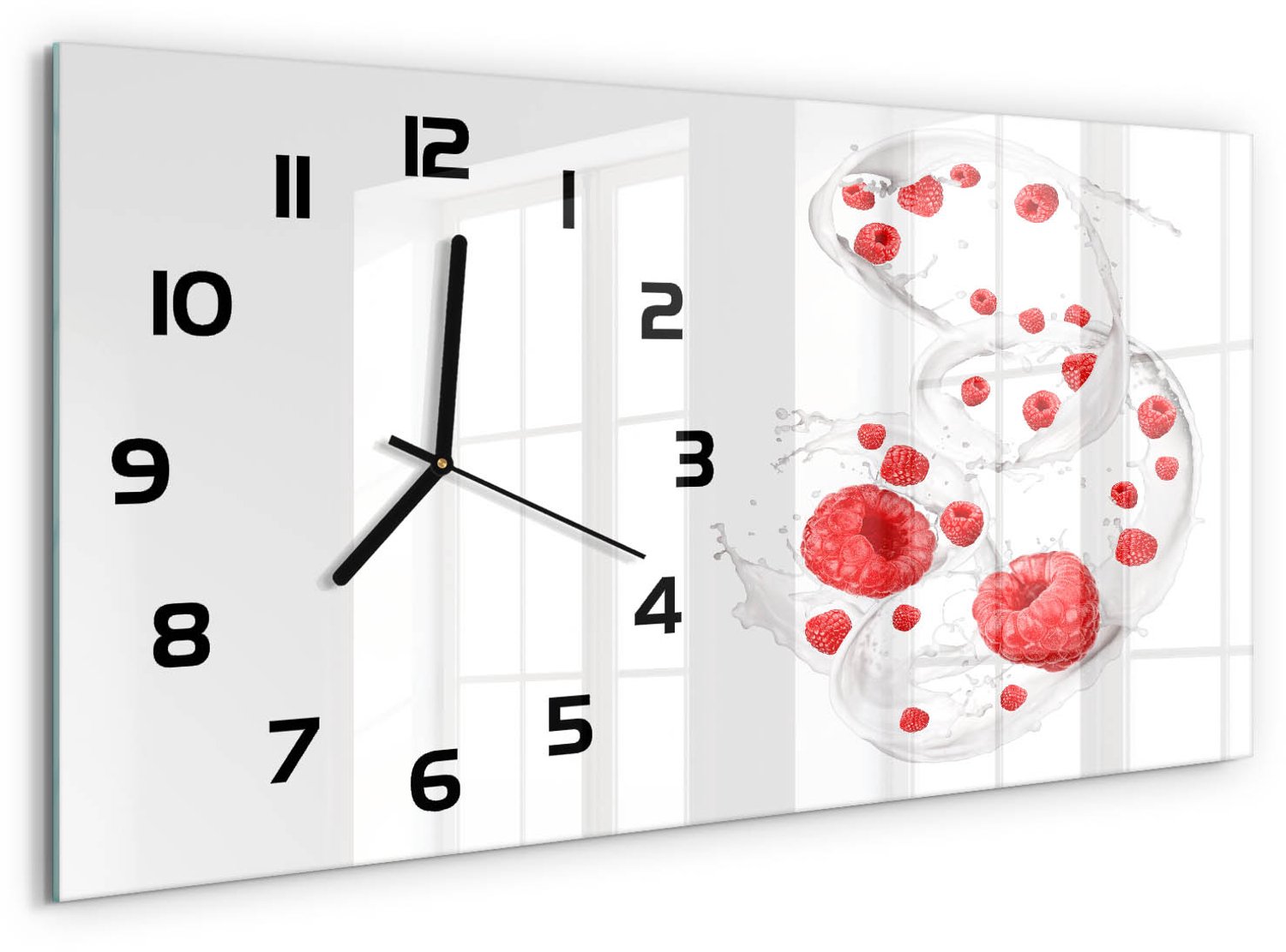 TULUP Wandklok - Frambozen met melk Glazen Wandklok Design - 60x30 cm - Rood Klok Glas Met Opdruk - Zwarte handen - Rechthoekige Klok - Wandklok Glas Met Motief - Decoratieve Glazen Klok