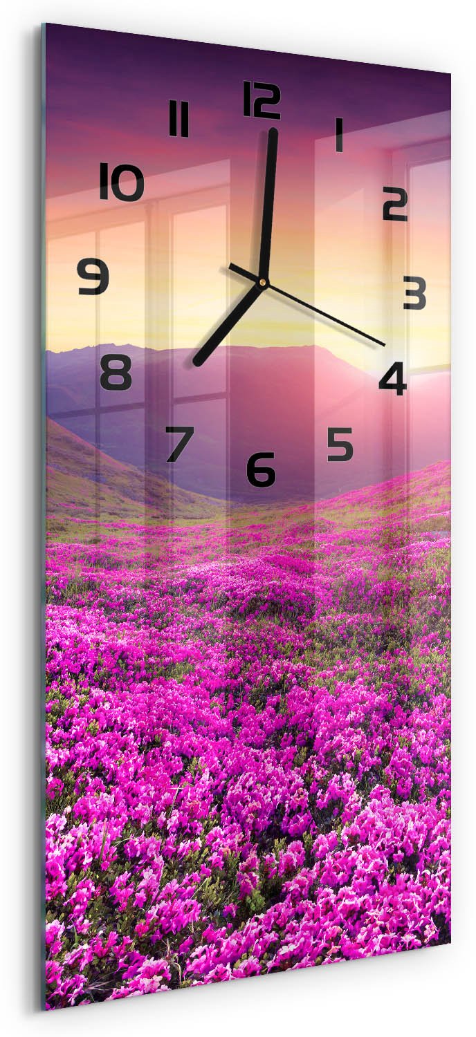 Tulup Wandklok - Rhododendrongebergte Wandklok Glas Decoratie - 30x60 cm - Roze Gekleurde Glazen Klok - Zwarte handen - Rechthoekige Klok - Klok Glas Met Opdruk - Moderne Wandklok Glas