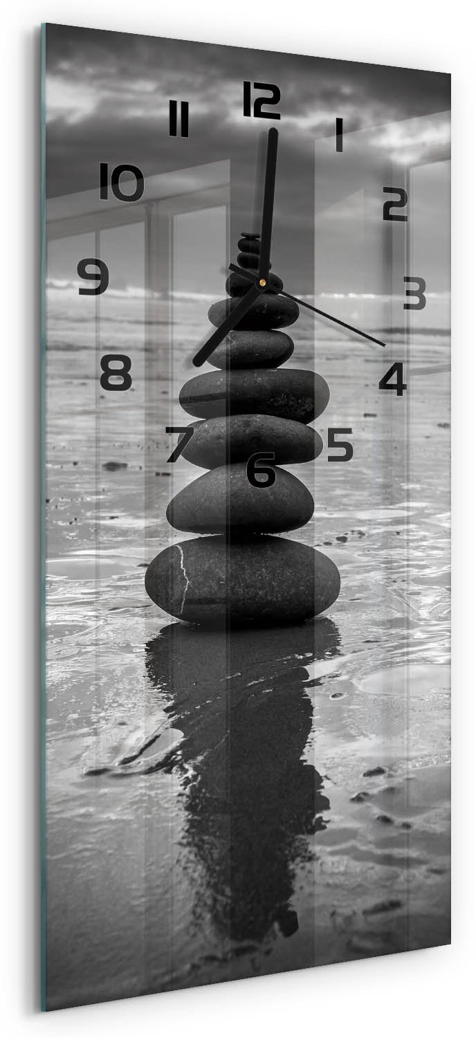 Tulup Wandklok - Balancerende stenen Klok Glas Met Opdruk - 30x60 cm - Zwart-wit Moderne Wandklok Glas - Zwarte handen - Rechthoekige Klok - Decoratieve Glazen Klok - Glazen Wandklok Design