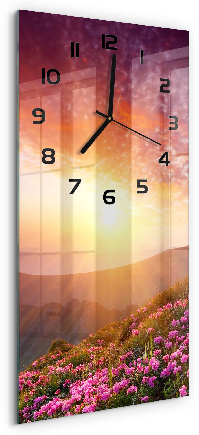 Tulup Wandklok - Lente in de bergen Wandklok Glas Met Motief - 30x60 cm - Paars Decoratieve Glazen Klok - Zwarte handen - Rechthoekige Klok - Gekleurde Glazen Klok - Glazen Klok Met Print