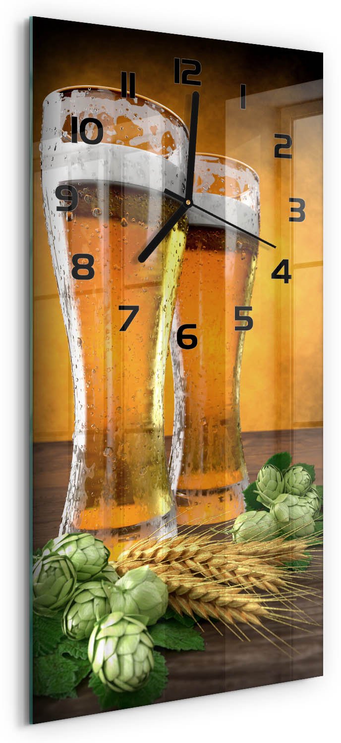 Tulup Wandklok - Twee glazen bier Decoratieve Glazen Klok - 30x60 cm - Oranje Glazen Wandklok Design - Zwarte handen - Rechthoekige Klok - Glazen Klok Met Print - Wandklok Glas Met Motief