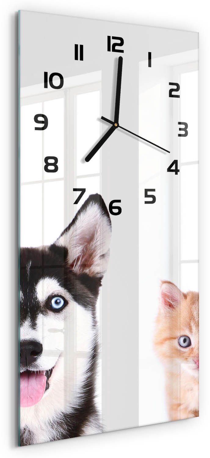 Tulup Wandklok - Hond en kat Wandklok Glas Decoratie - 30x60 cm - Wit Gekleurde Glazen Klok - Zwarte handen - Rechthoekige Klok - Klok Glas Met Opdruk - Moderne Wandklok Glas
