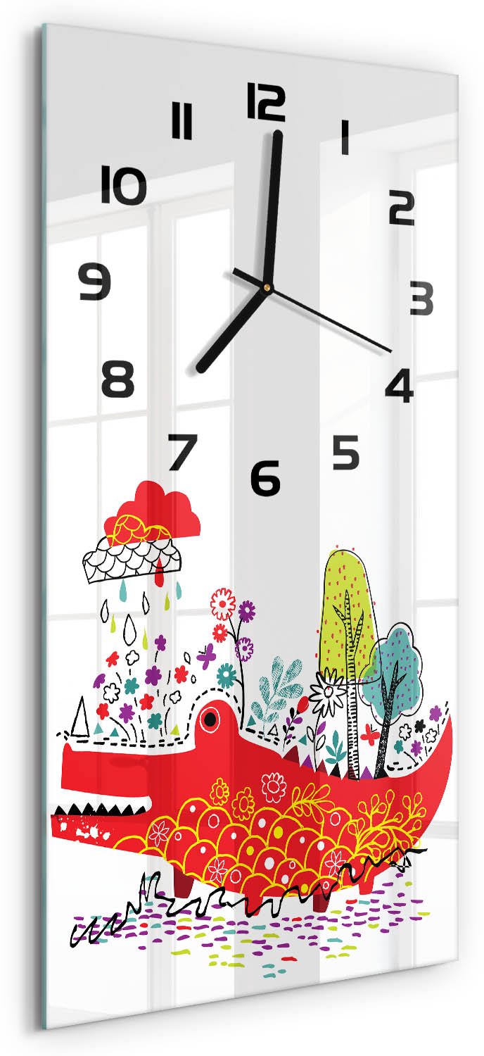 Tulup Wandklok - Krokodil Glazen Klok Met Print - 30x60 cm - Rood Wandklok Glas Met Motief - Zwarte handen - Rechthoekige Klok - Wandklok Glas Decoratie - Gekleurde Glazen Klok