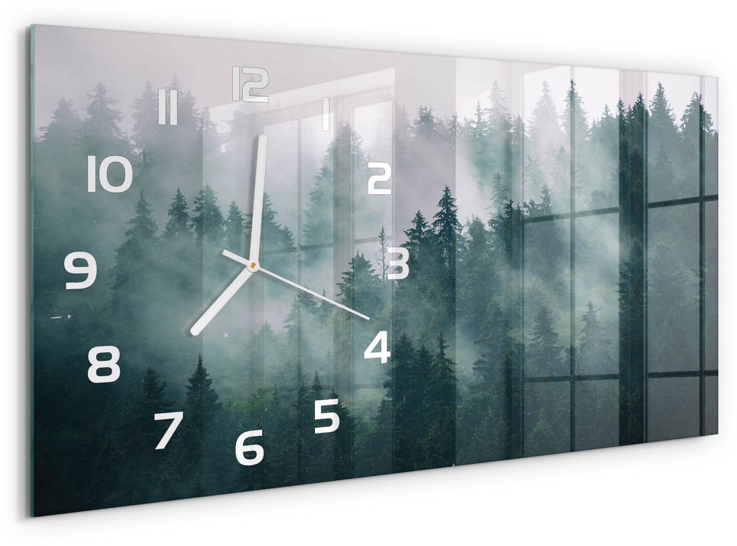 TULUP Wandklok - Mist boven het bos Glazen Klok Met Print - 60x30 cm - Grijs Wandklok Glas Met Motief - Witte handen - Rechthoekige Klok - Wandklok Glas Decoratie - Gekleurde Glazen Klok