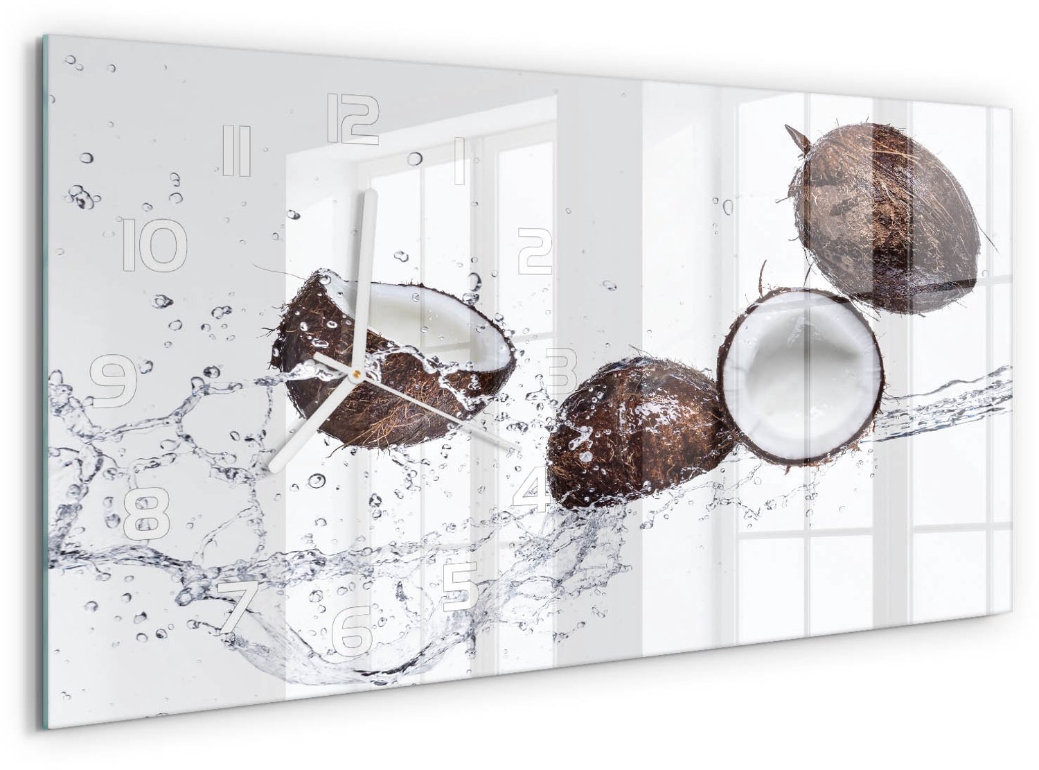 TULUP Wandklok - Kokosnoot met water Moderne Wandklok Glas - 60x30 cm - Bruin Wandklok Glas Decoratie - Witte handen - Rechthoekige Klok - Glazen Wandklok Design - Klok Glas Met Opdruk