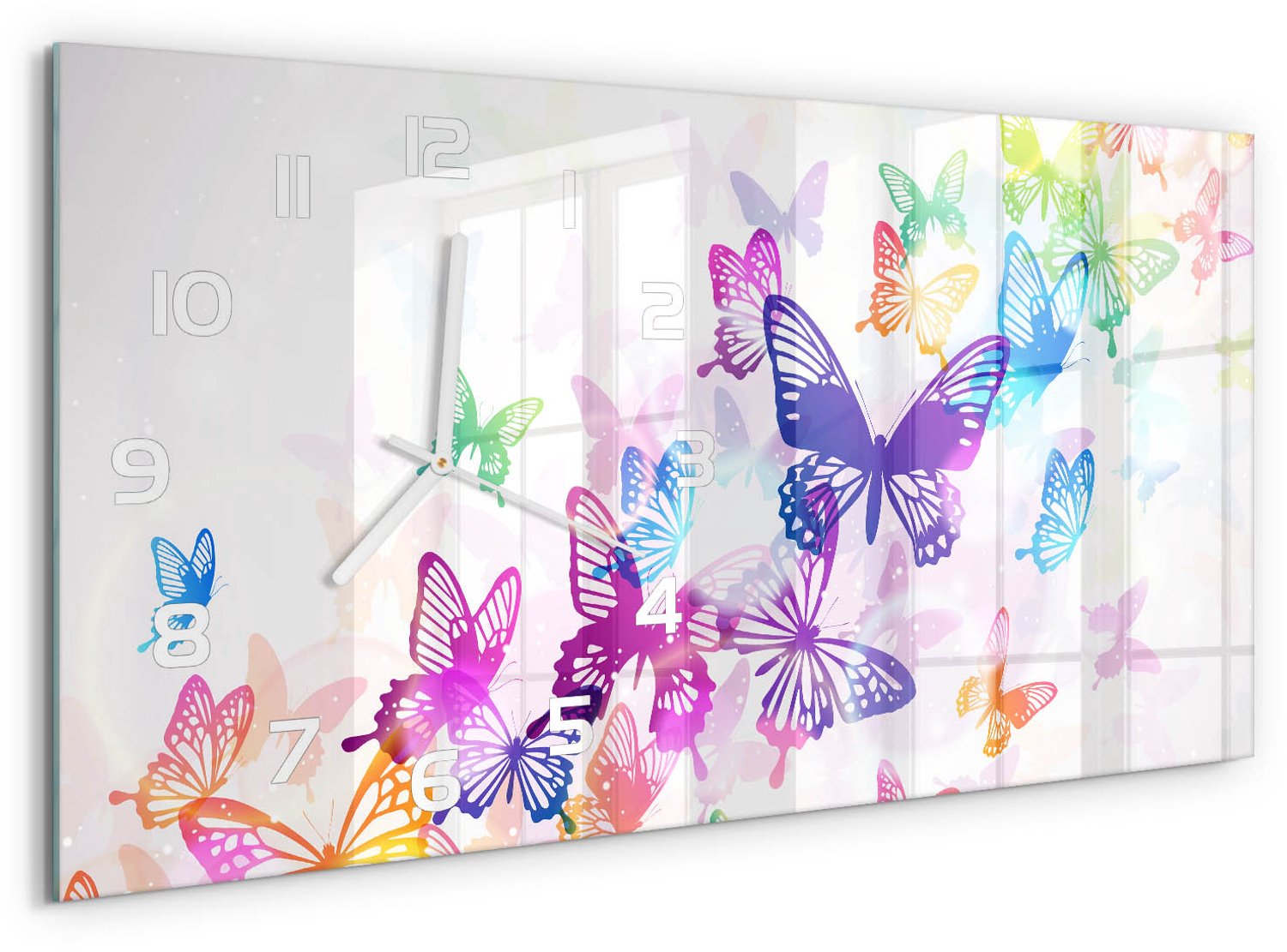 TULUP Wandklok - Kleurrijke vlinders Klok Glas Met Opdruk - 60x30 cm - Veelkleurig Moderne Wandklok Glas - Witte handen - Rechthoekige Klok - Decoratieve Glazen Klok - Glazen Wandklok Design