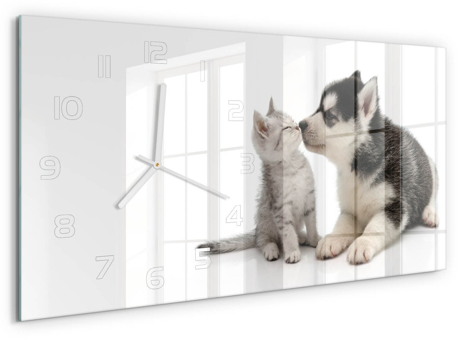 TULUP Wandklok - Hond en kat Glazen Wandklok Design - 60x30 cm - Zwart Klok Glas Met Opdruk - Witte handen - Rechthoekige Klok - Wandklok Glas Met Motief - Decoratieve Glazen Klok