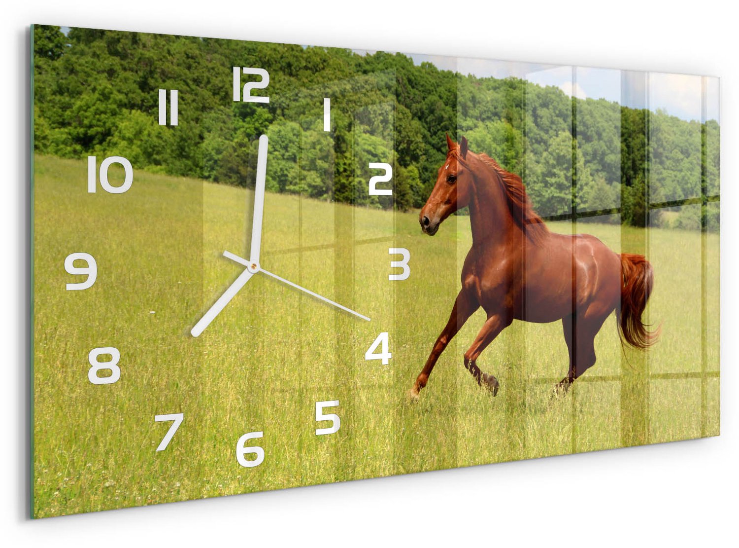 TULUP Wandklok - Paard in de wei Glazen Klok Met Print - 60x30 cm - Bruin Wandklok Glas Met Motief - Witte handen - Rechthoekige Klok - Wandklok Glas Decoratie - Gekleurde Glazen Klok