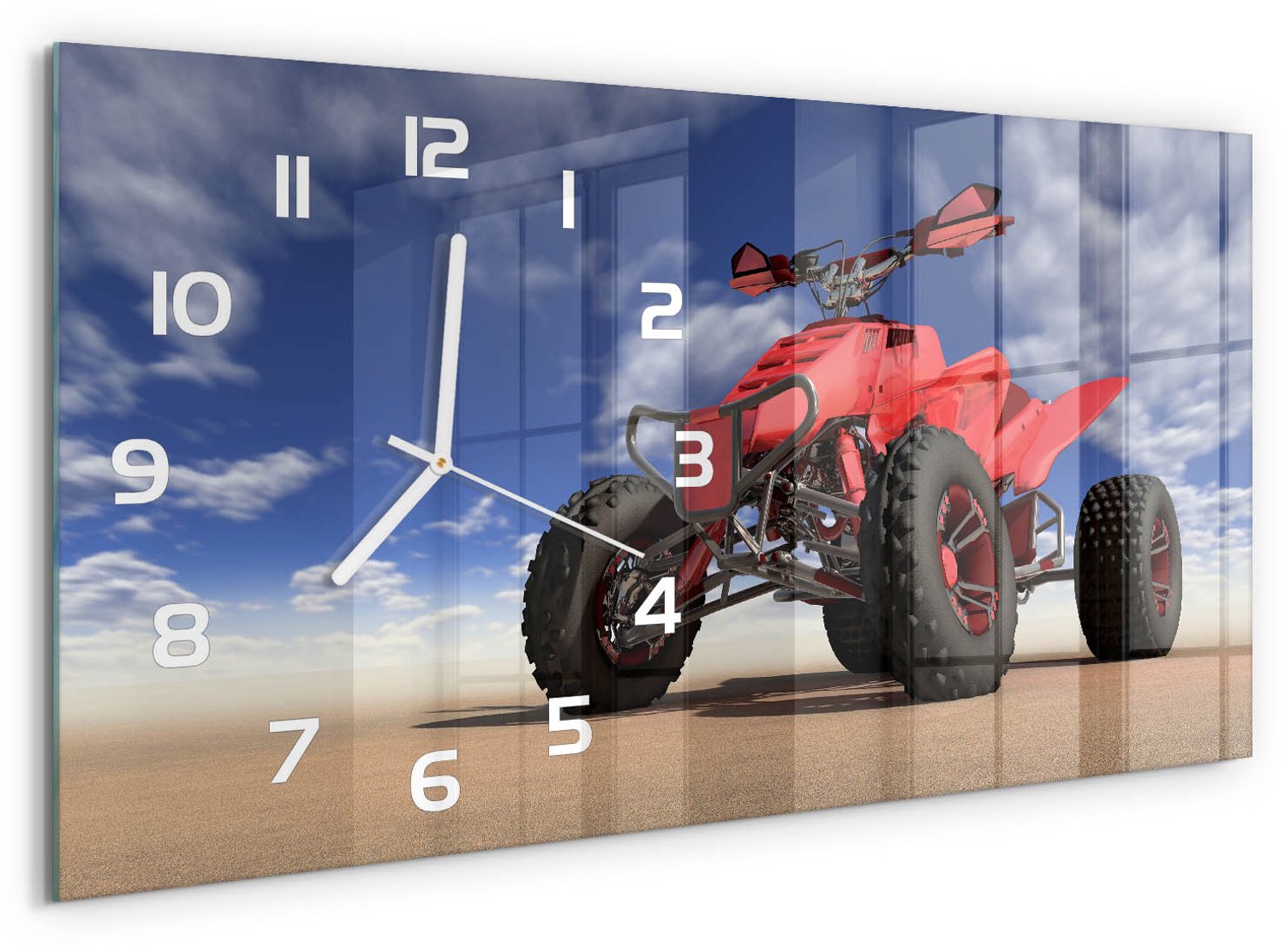 TULUP Wandklok - Quadrijden in de woestijn Glazen Wandklok Design - 60x30 cm - Rood Klok Glas Met Opdruk - Witte handen - Rechthoekige Klok - Wandklok Glas Met Motief - Decoratieve Glazen Klok