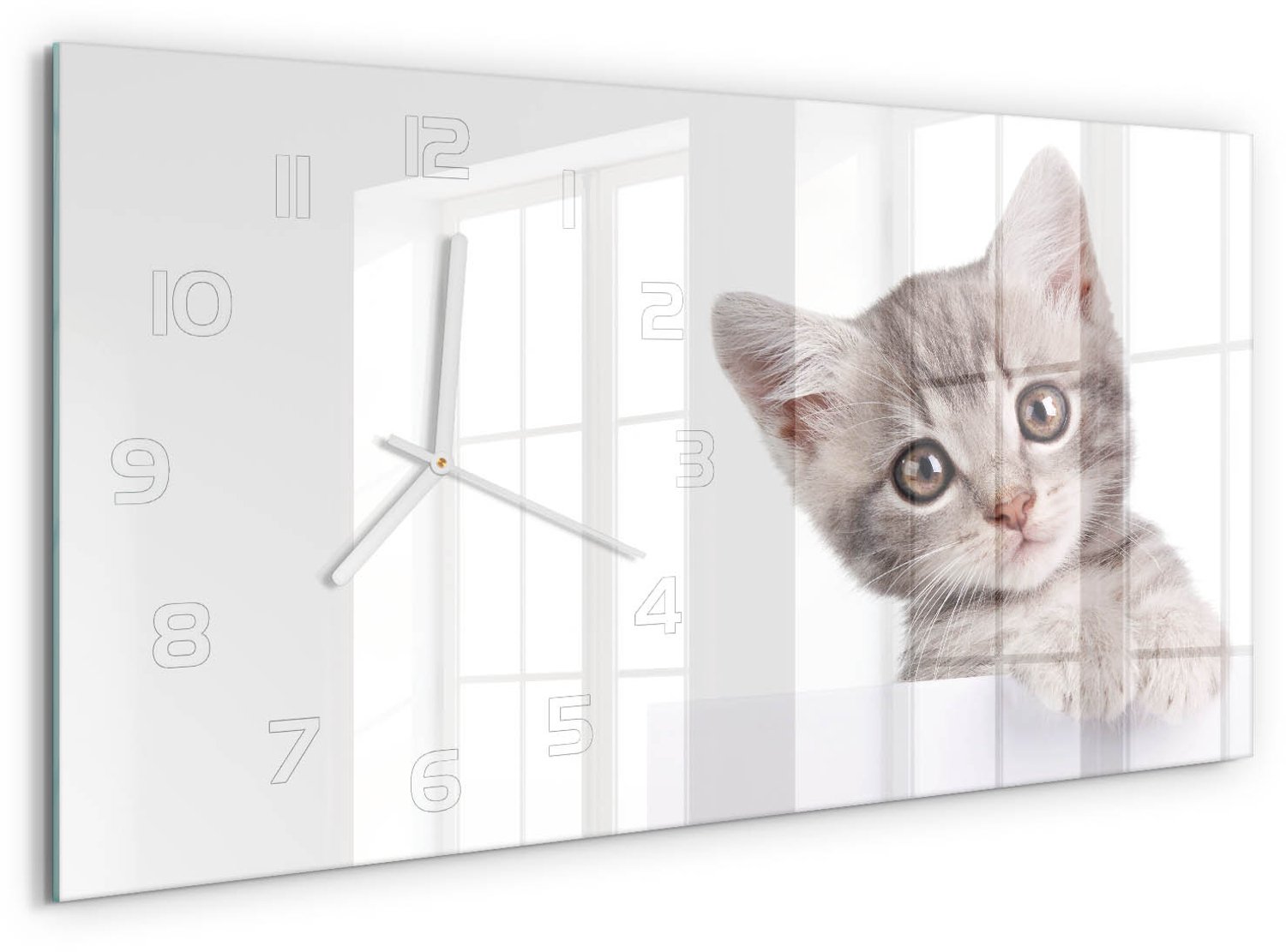TULUP Wandklok - Grijze kat Gekleurde Glazen Klok - 60x30 cm - Grijs Glazen Klok Met Print - Witte handen - Rechthoekige Klok - Moderne Wandklok Glas - Wandklok Glas Decoratie