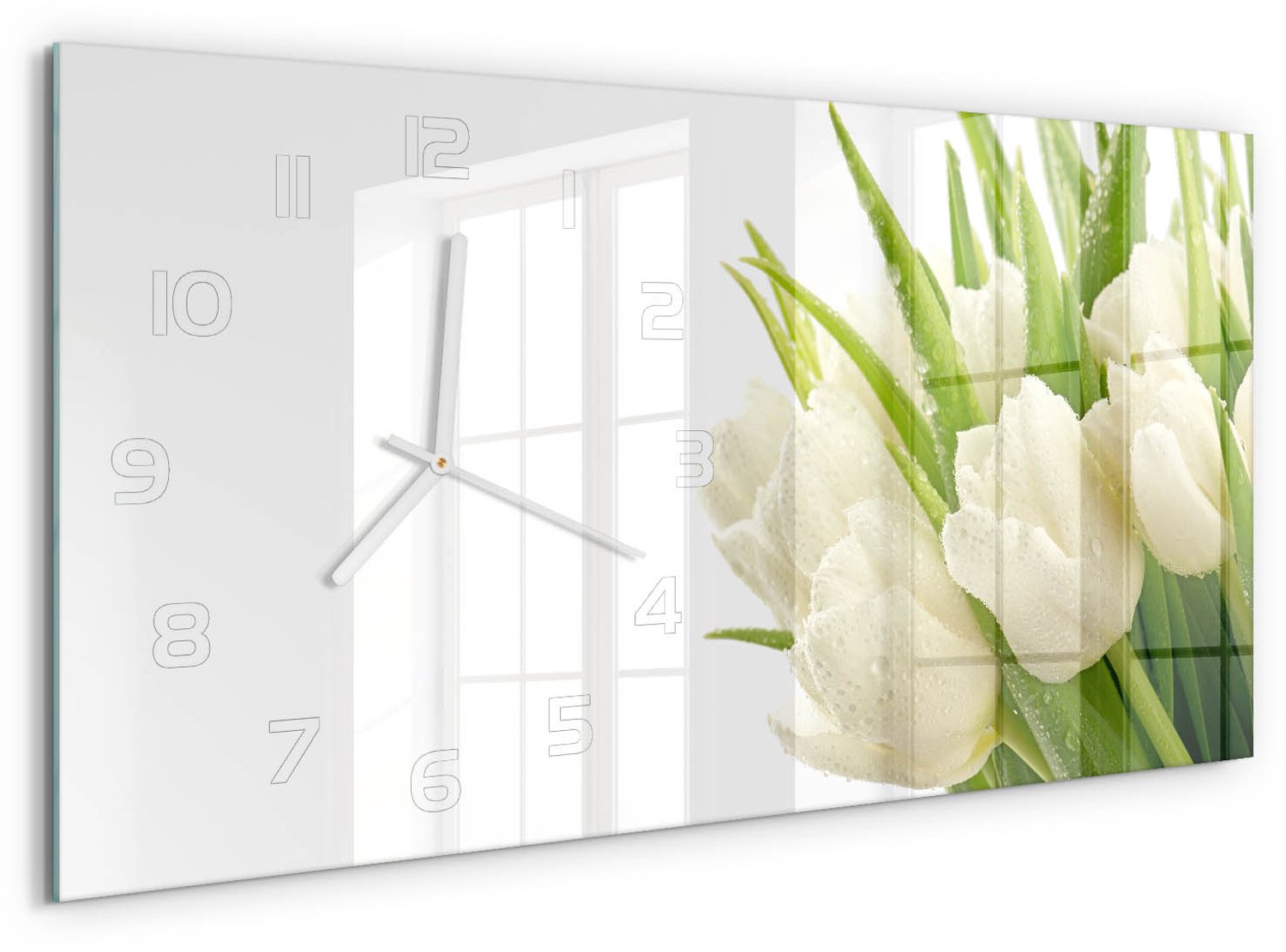 TULUP Wandklok - Witte tulpen Klok Glas Met Opdruk - 60x30 cm - Wit Moderne Wandklok Glas - Witte handen - Rechthoekige Klok - Decoratieve Glazen Klok - Glazen Wandklok Design