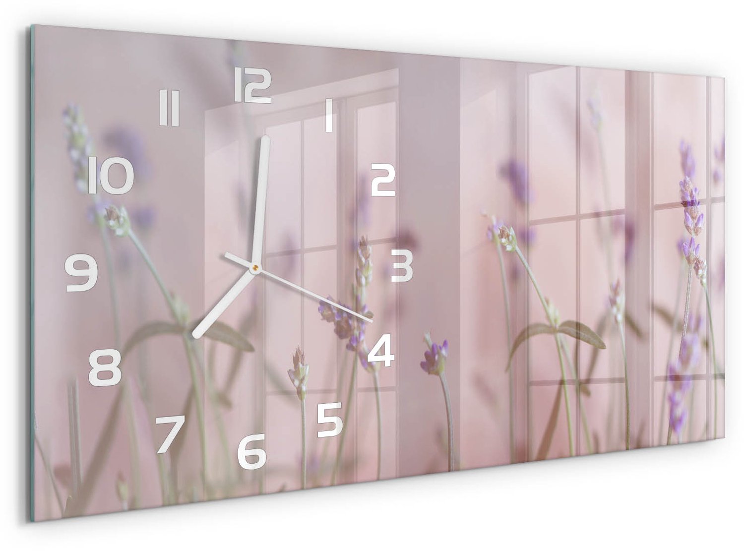 TULUP Wandklok - Lavendel Wandklok Glas Met Motief - 60x30 cm - Beige Decoratieve Glazen Klok - Witte handen - Rechthoekige Klok - Gekleurde Glazen Klok - Glazen Klok Met Print