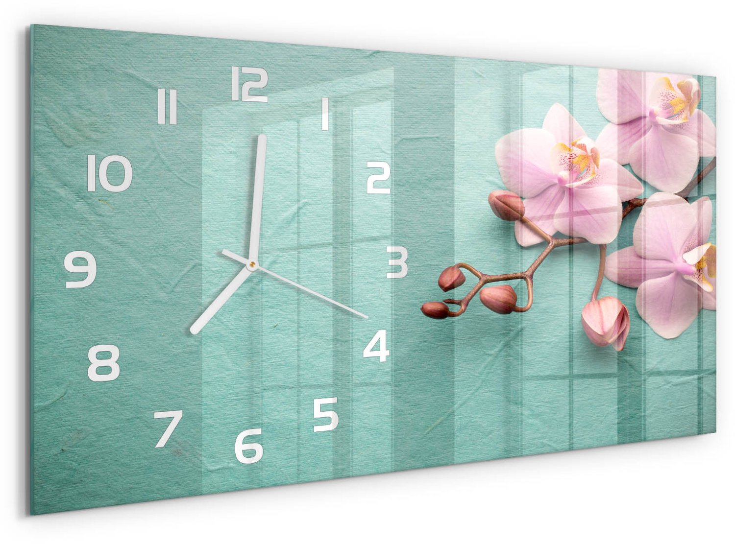 TULUP Wandklok - Orchidee Gekleurde Glazen Klok - 60x30 cm - Roze Glazen Klok Met Print - Witte handen - Rechthoekige Klok - Moderne Wandklok Glas - Wandklok Glas Decoratie