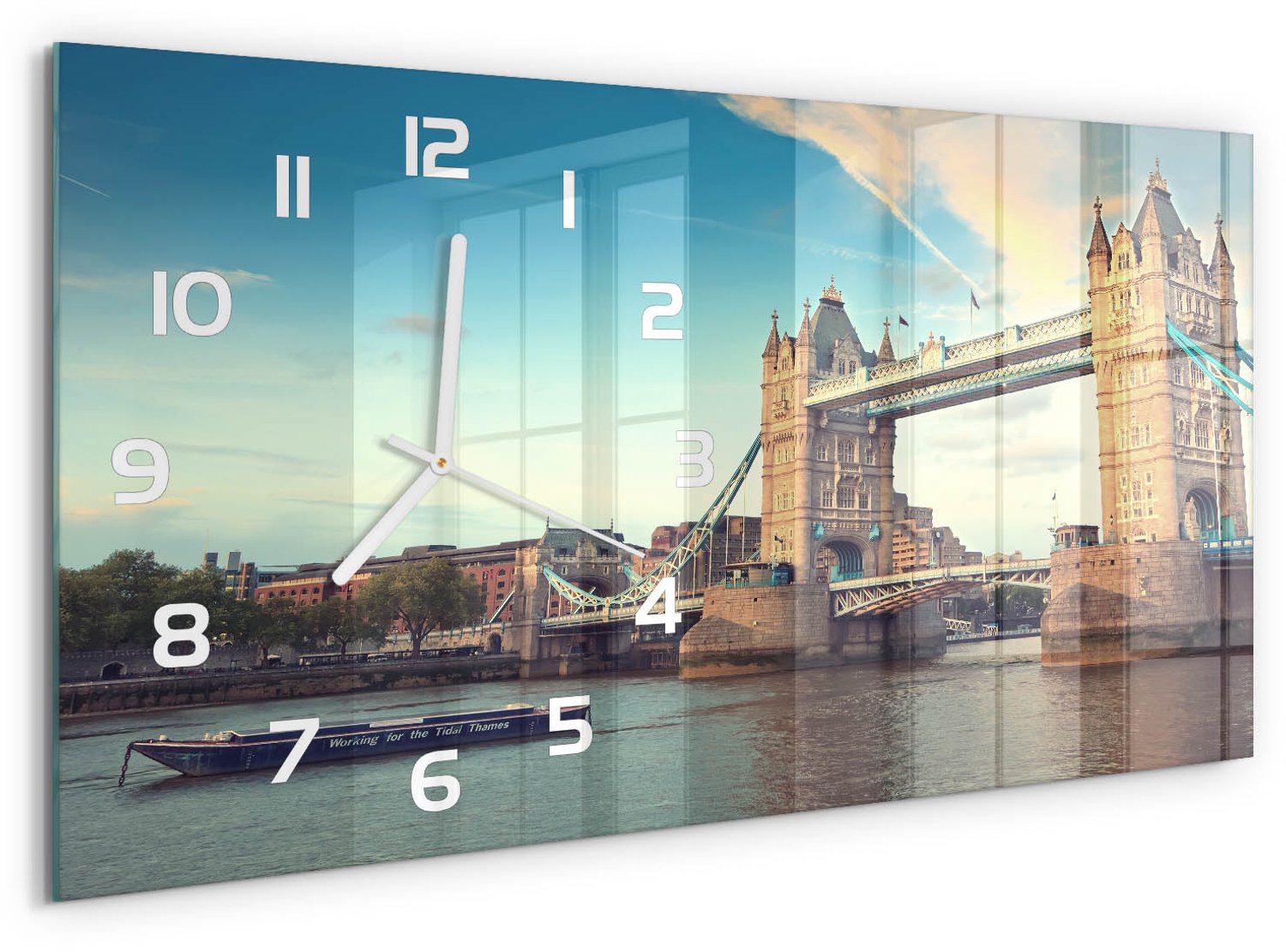 TULUP Wandklok - Tower Bridge Londen Wandklok Glas Decoratie - 60x30 cm - Blauw Gekleurde Glazen Klok - Witte handen - Rechthoekige Klok - Klok Glas Met Opdruk - Moderne Wandklok Glas