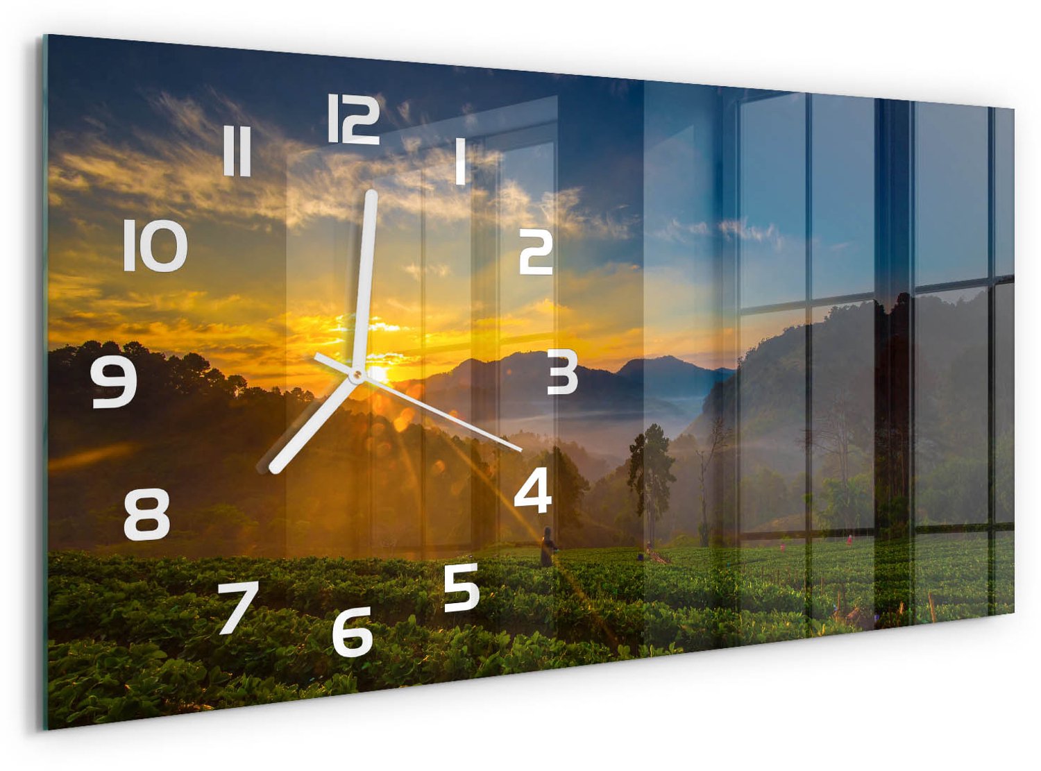 TULUP Wandklok - Theeplantage Moderne Wandklok Glas - 60x30 cm - Geel Wandklok Glas Decoratie - Witte handen - Rechthoekige Klok - Glazen Wandklok Design - Klok Glas Met Opdruk