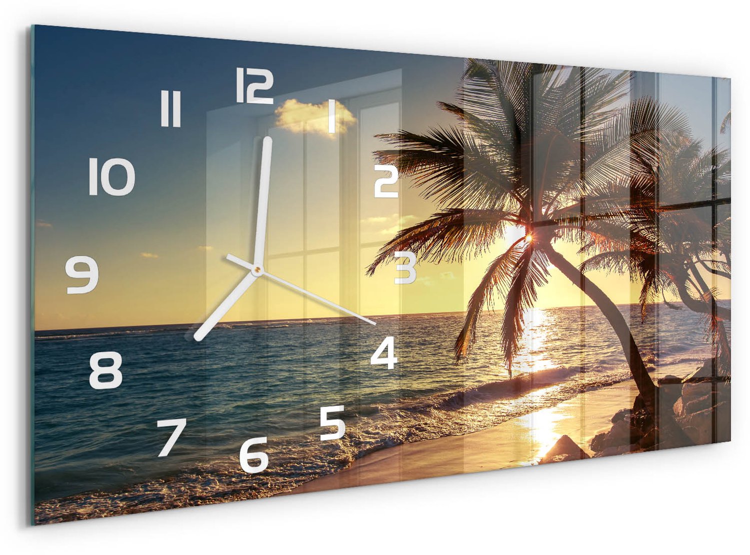 TULUP Wandklok - Tropisch strand Wandklok Glas Decoratie - 60x30 cm - Geel Gekleurde Glazen Klok - Witte handen - Rechthoekige Klok - Klok Glas Met Opdruk - Moderne Wandklok Glas