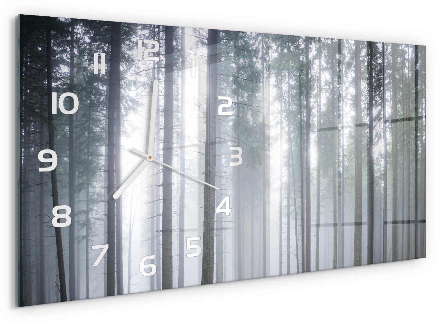 TULUP Wandklok - Mist in het bos Moderne Wandklok Glas - 60x30 cm - Grijs Wandklok Glas Decoratie - Witte handen - Rechthoekige Klok - Glazen Wandklok Design - Klok Glas Met Opdruk
