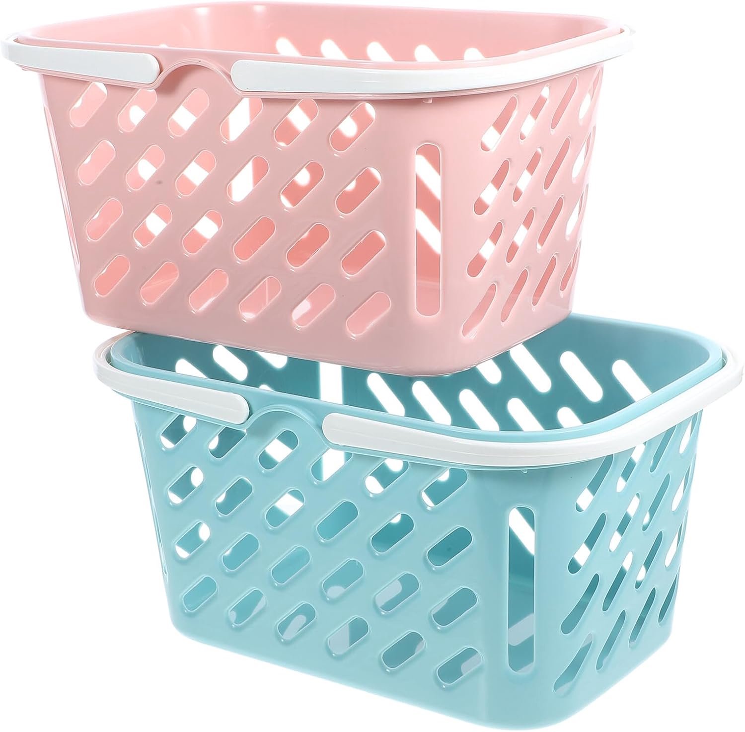 Opbergmand – Set van 2 – Herbruikbaar – Kunststof – Geschikt als wasmand, fruitmand of opbergmand voor de badkamer – 26 x 17,8 x 13 cm – Blauw/Roze