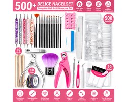 Nagelset 500+ Delig - Complete Nail Art Set met Transparante Nageltips, Penselen en Manicure Tools - Inclusief Nagelborstels, Dotting Tools, Vijlen, Nagelstickers en Accessoires voor DIY Gel Nagels