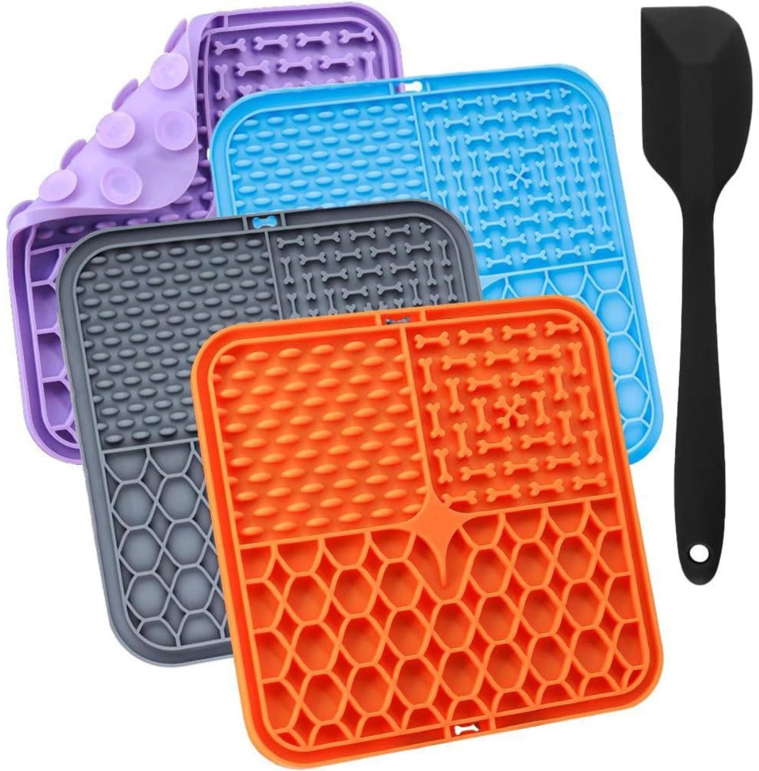SSTRWGOOD Likmat voor honden/katten - 4-delige set - Likmat als slowfeeder met zuignappen geschikt voor puppy's en katten - Ideaal geschikt voor tijdens het baden en verzorgen - Inclusief siliconen spatel - Meerkleurig