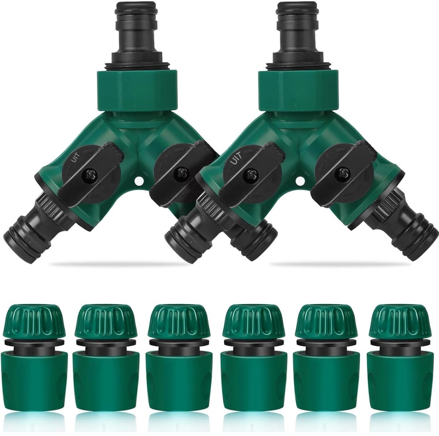 SSTRWGOOD 2-weg waterverdeler – Inclusief één 2-weg verdeler met 3/4-inch uitlaten voorzien van kranen en zes 1/2-inch slangaansluitingen – Geschikt voor landschapsinrichting, tuinieren, bloementeelt en irrigatie.