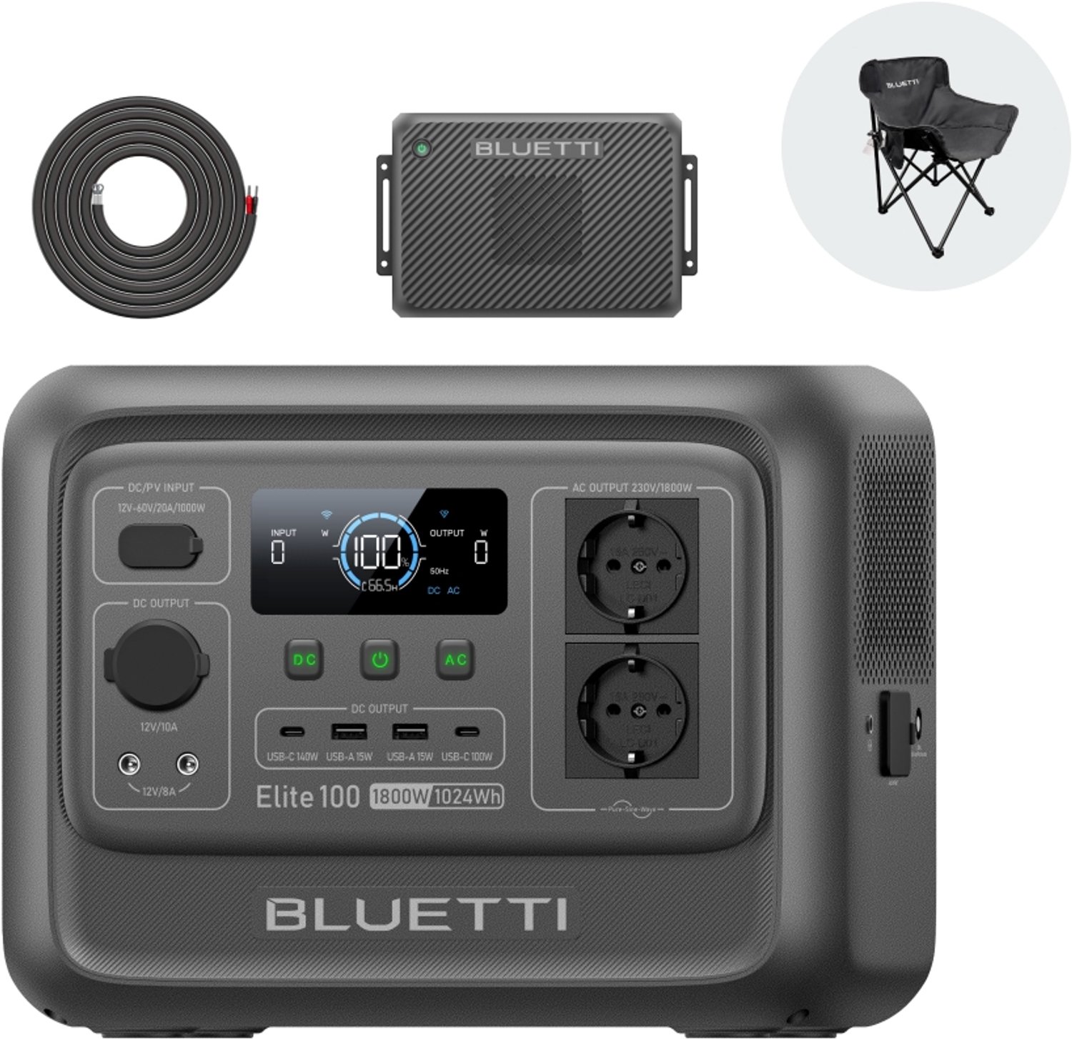 BLUETTI Elite 100 V2 Power Station met Charger 2 – 1024 Wh – 1800 W – LiFePO₄ – 1200 W DC-DC Autolader – 1,2 uur snel opladen – voor Camping, Camper, Caravan, Reizen & Noodstroom