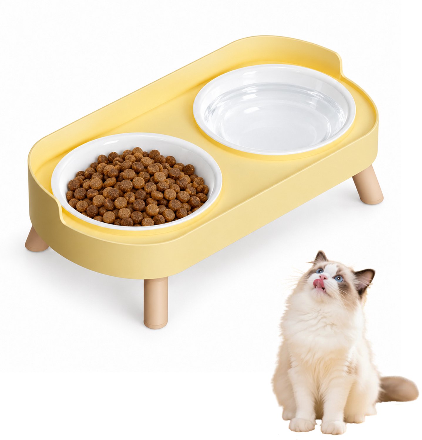 Verhoogde Dubbele Plastic Voerbak met Standaard - Spatbestendige Voer- en Waterbak - Geschikt voor Katten, Honden, Kittens en Puppy's - Geel