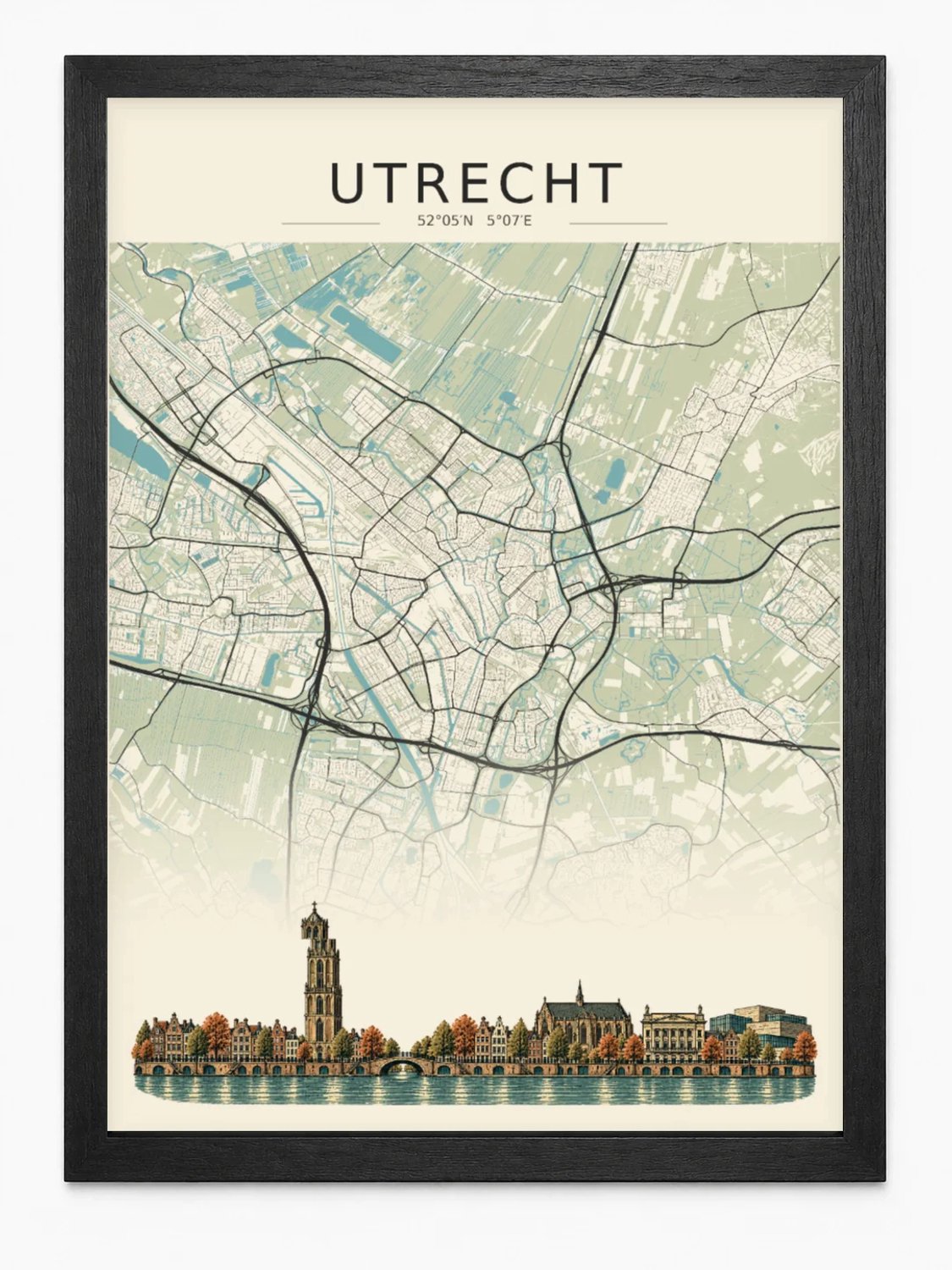 Utrecht Stadskaart Poster | Vintage Kaart met Skyline | Inclusief Zwarte A3 Lijst