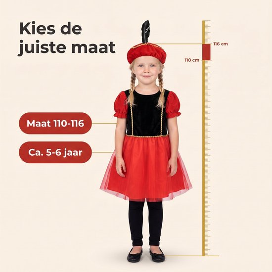 Maattabel voor Pietenjurk maat 110-116 voor kinderen van circa 5-6 jaar.