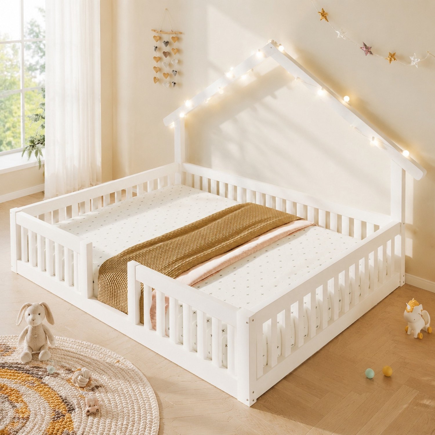 CHICFURN Kinderbed Huisbed 140x200 cm - uitvalbeveiliging - LED-lichtslinger - wit